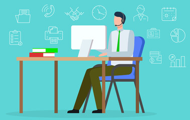 Man in headset working with computer, sitting at desk with books, blue background with business icons. Employee at office workplace. Logistics worldwide, international distribution vector illustration