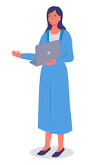 Young pretty girl in blue long dress, with laptop in her hands. Girl with long hair, white earrings stands and smiles. Employees, colleagues or office staff. Communicate and work. Flat vector image