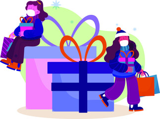 Christmas shopping scene with women wearing masks. The person with gifts. 