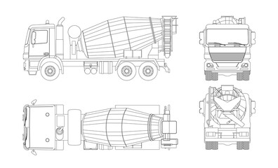 Outline concrete mixer truck. Side, top, front and back views. Isolated lorry blueprint. Industrial drawing. Construction vehicle for build