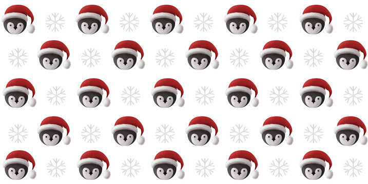 Patrón de navidad de pingüinos con gorros navideños y copos de nieve