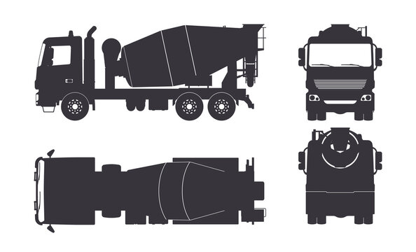 Black silhouette of concrete mixer truck. Side, top, front and back views. Isolated lorry blueprint. Industrial drawing. Construction vehicle for build