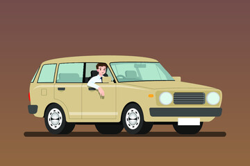 Businessman driving an old car to work but It's easy and fast than walk. Business people drive a cheap rusty light-yellow vehicle. Isolated vector illustration design.