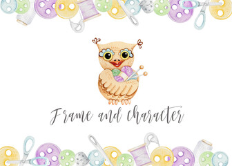 Cute owl. Logo. Knitted heart. Knitting with yarn. Knitted clothes are a hobby. Hand knitting. Frame.