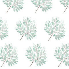 Fototapeta na wymiar Leaves and branches watercolor illustration background. Hand painted floral elements set. Watercolor botanical illustration. Eucalyptus, olive, green leaves.