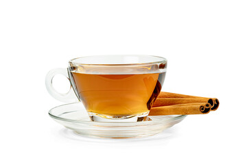 Transparent cup of tea with cinnamon sticks isolated on white background ,include clipping path