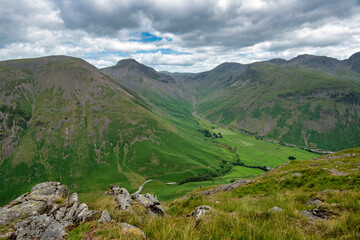 View from Yewbarrow mountain towards Kirk Fell, and across Wasdale Head to Great Gable and Green Gable in the Lake District National Park, Cumbria, England