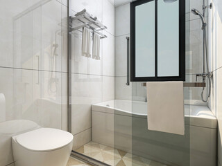 Clean modern residential bathroom and toilet design, which is equipped with washstand, toilet and shower equipment,