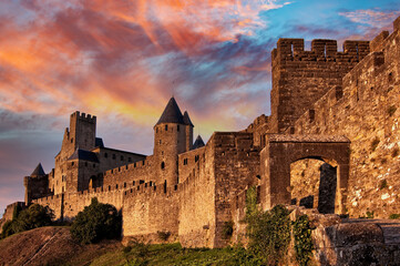 Fototapeta Medieval fortress of Carcassonne at sunset, France obraz