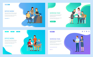 Office work and working task landing page template set, man and woman sitting at desktop holding papers or documents, business team making report in office. Website or webpage flat vector style