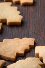 Close up of plain gingerbread Christmas tree cookie on wooden background.