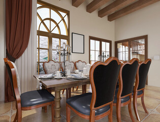 spacious dining room design next to the modern kitchen, with a beautiful dining table and greenery