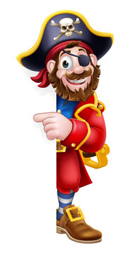 A pirate captain cartoon character peeking around a sign background and pointing at it