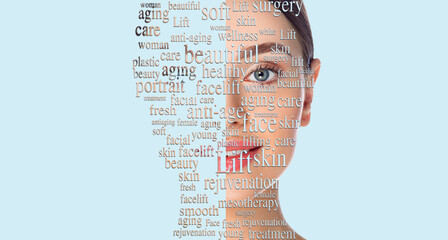 Beauty woman face with word on face showing cosmetology and aesthetic medicine concept. Advertising...