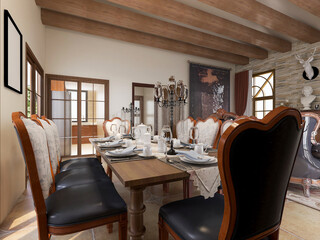 spacious dining room design next to the modern kitchen, with a beautiful dining table and greenery