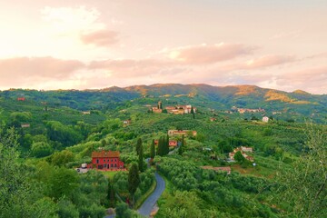 Fototapeta na wymiar view of the beautiful countryside of the Valdinievole from the Buggiano Castle in the town of Pistoia in Tuscany, Italy