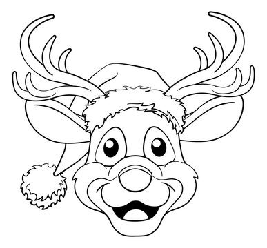 A Christmas reindeer cartoon character in Santa hat. In black and white outline like a coloring book page.