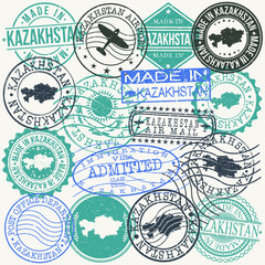 Kazakhstan Set of Stamps. Travel Passport Stamps. Made In Product. Design Seals in Old Style Insignia. Icon Clip Art Vector Collection.