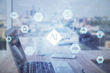 Double exposure of desktop computer and technology theme hologram. Concept of software development.
