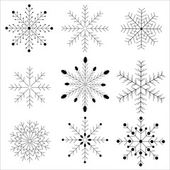 Set of black isolated snowflakes icon silhouette on white background.