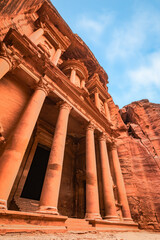 Low angle view of ancient temple of the Treasury in the lost city of Petra, Jordan 