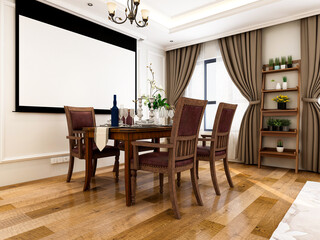 spacious dining room design next to the modern kitchen, with a beautiful dining table and greenery