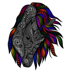 Vector unicorn with colored mane in zentangle style