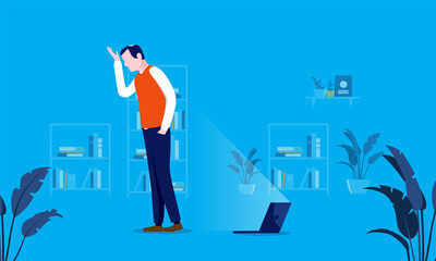 Having computer problems - Man thinking hard smacking his head trying to solve problem. Home office problems concept. Vector illustration.