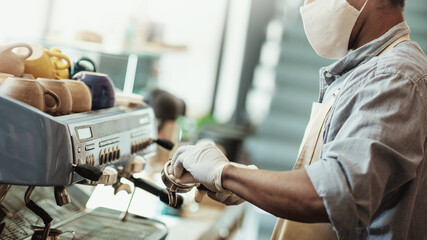 Cleaning of equipment in modern cafe during covid-19 pandemic