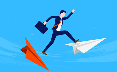 Businessman leap of faith - Man jumping from falling paper plane to new. Taking chances and risks in business concept. Vector illustration.