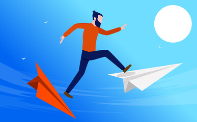 Big leap - Casual man jumping from falling paper plane to new. Taking chances and risks in life concept. Vector illustration.