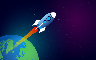 Spaceship launching from earth - Rocket with trail and the world in background with copy space for text. Launch concept vector illustration.