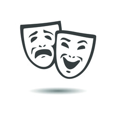 Theatre mask. Tragedy and comedy symbols. Outline theatrical icon. Stock vector illustration, isolated on white background.