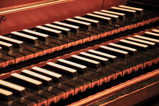 Closeup shot of a harpsichord the musical instrument played by means of a keyboard