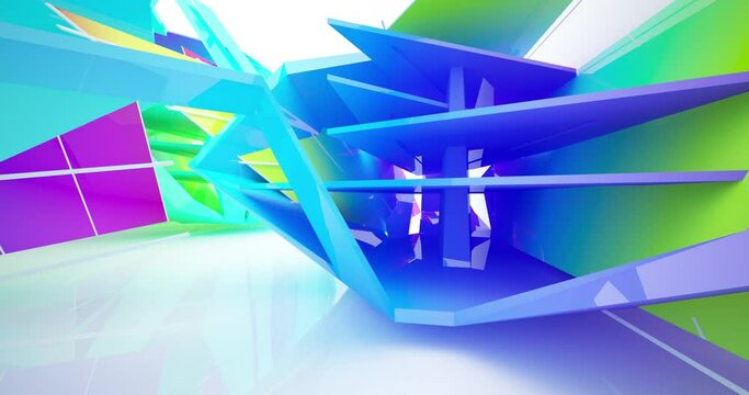 Abstract architectural background. Flying on a white minimalistic interior. Futuristic modern space. Stained glass sculpture. Array of fragments. Bright lighting. 3D animation and rendering.