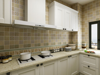 Modern family kitchen design, new cabinets and kitchenware with refrigerators, sunlight from the window.