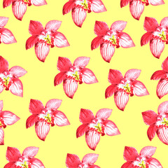Seamless pattern of pink watercolor orchids on a yellow background. The Orchid pattern can be used in wedding invitations, flower shops, cosmetics packages, textiles, and bags