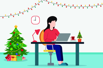 Work from Home during winter season Illustration .Business woman character.Vector illustration	