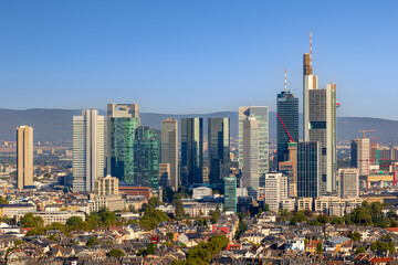 Fototapeta na wymiar Summer morning view on the city centre skyline of Frankfurt, the financial center of the Germany.