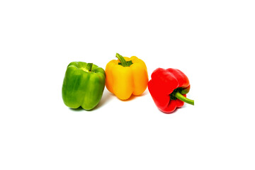 Fresh vegetables Three sweet Red, Yellow, Green Bell pepper isolated on white background.