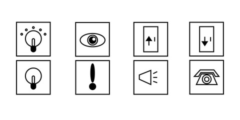 Set of vector icons with prompts to turn on, off, enter, exit, watch, attention, sound, call