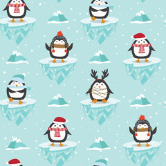 Christmas seamless pattern with penguin on ice floe background, Winter pattern, wrapping paper, winter greetings, web page background, Christmas and New Year greeting cards