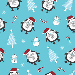 Christmas seamless pattern with penguin background, Winter pattern with snowman, wrapping paper, winter greetings, web page background, Christmas and New Year greeting cards