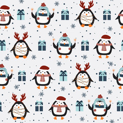 Christmas seamless pattern with penguin background, Winter pattern, wrapping paper, winter greetings, web page background, Christmas and New Year greeting cards