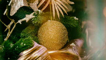 Christmas ornaments. Xmas tree decoration, gold color baubles, holiday background,