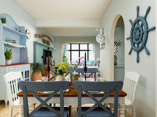 spacious dining room design next to the modern kitchen, with a beautiful dining table and greenery
