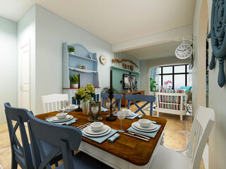 spacious dining room design next to the modern kitchen, with a beautiful dining table and greenery
