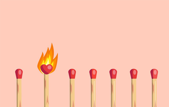 Fire of love concept. Burning matchstick with heart shaped head between ordinary others on pink background. Passion and perfect match vector illustration.