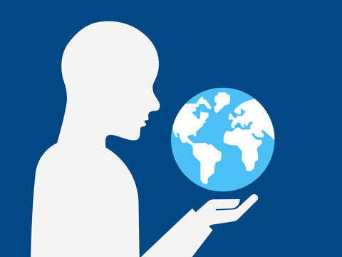 Anti-trust concept illustration. Line art illustration, human silhouette holding a globe.  Vector.