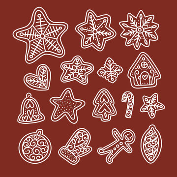 Cute gingerbread doodles for Christmas, hand drawn set for decoration. Clipart of cookies, ginger bread, icicle, star, man, bell, candy and heart. Flat vector illustration.